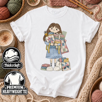 Cute Girl Hugging Quilts And Fabric T-Shirt - White