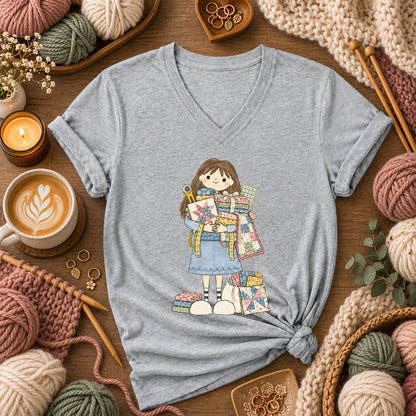 Cute Girl Hugging Quilts And Fabric Women's V-Neck - Athletic Heather