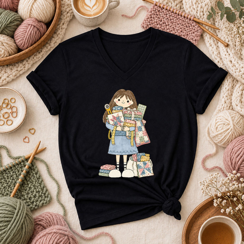 Cute Girl Hugging Quilts And Fabric Women's V-Neck - Black