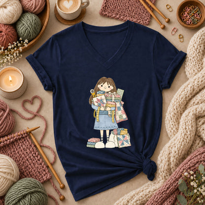 Cute Girl Hugging Quilts And Fabric Women's V-Neck - Navy