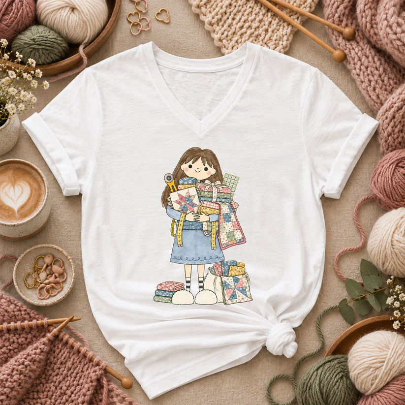 Cute Girl Hugging Quilts And Fabric Women's V-Neck - White