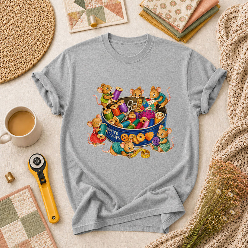 Cute Mice In Sewing Tin With Thread Spools T-Shirt - Athletic Heather