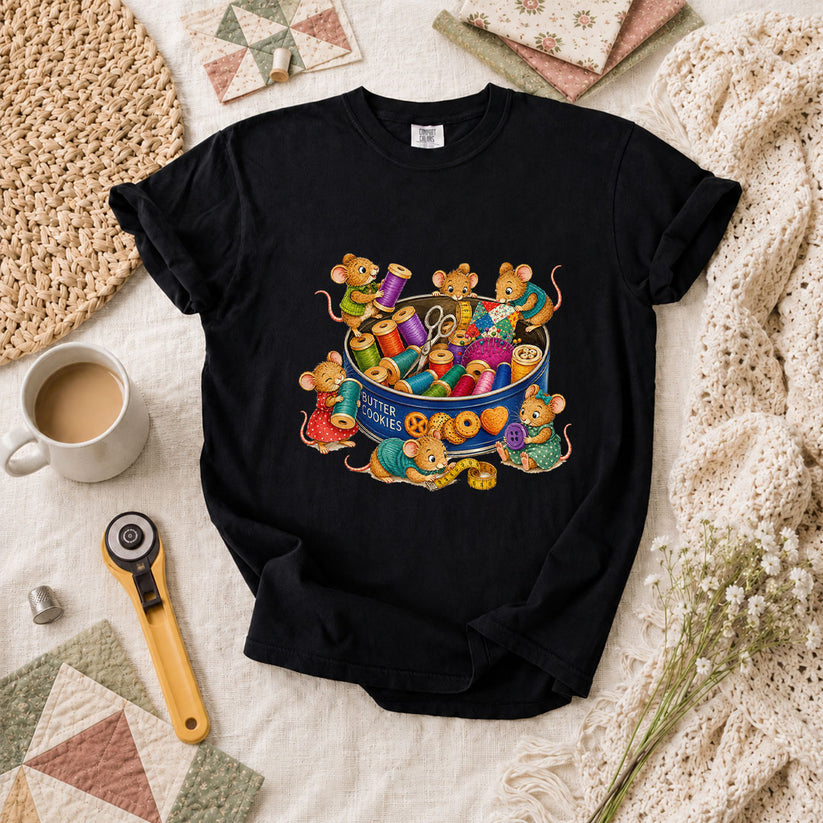 Cute Mice In Sewing Tin With Thread Spools T-Shirt - Black
