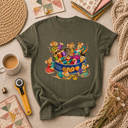 Cute Mice In Sewing Tin With Thread Spools T-Shirt - Military Green