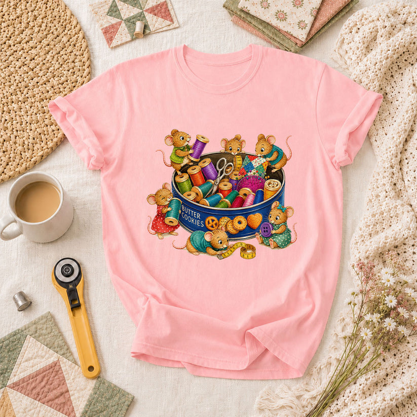 Cute Mice In Sewing Tin With Thread Spools T-Shirt - Pink