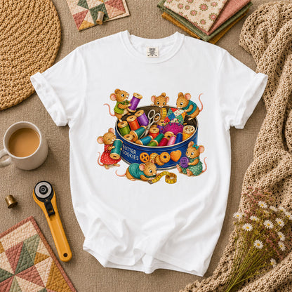 Cute Mice In Sewing Tin With Thread Spools T-Shirt - White