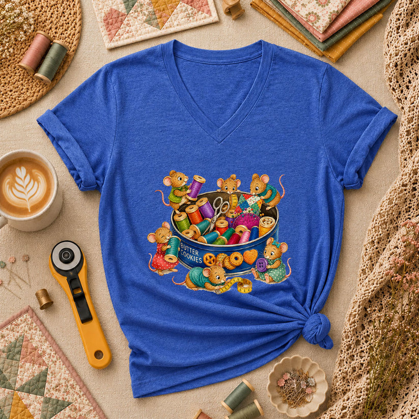 Cute Mice In Sewing Tin With Thread Spools Women's V-Neck - Heather True Royal