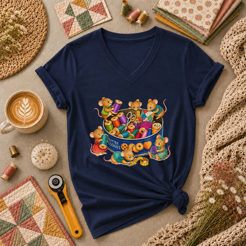 Cute Mice In Sewing Tin With Thread Spools Women's V-Neck - Navy
