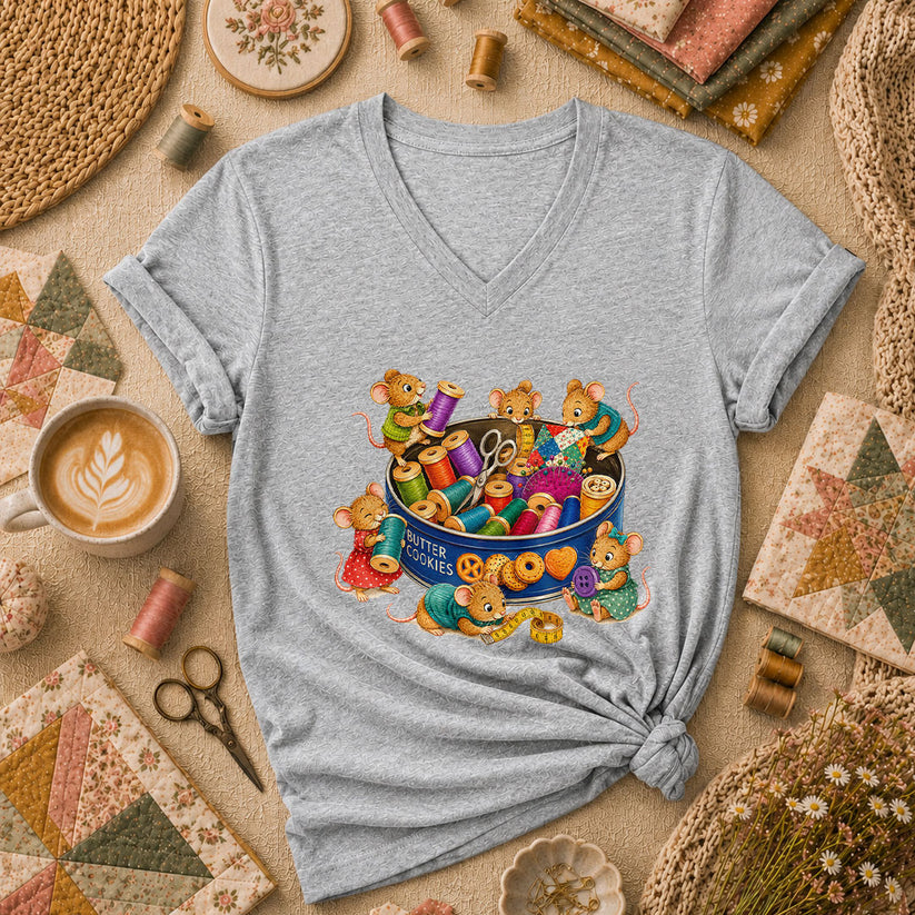 Cute Mice In Sewing Tin With Thread Spools Women's V-Neck - Sport Grey