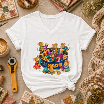 Cute Mice In Sewing Tin With Thread Spools Women's V-Neck - White