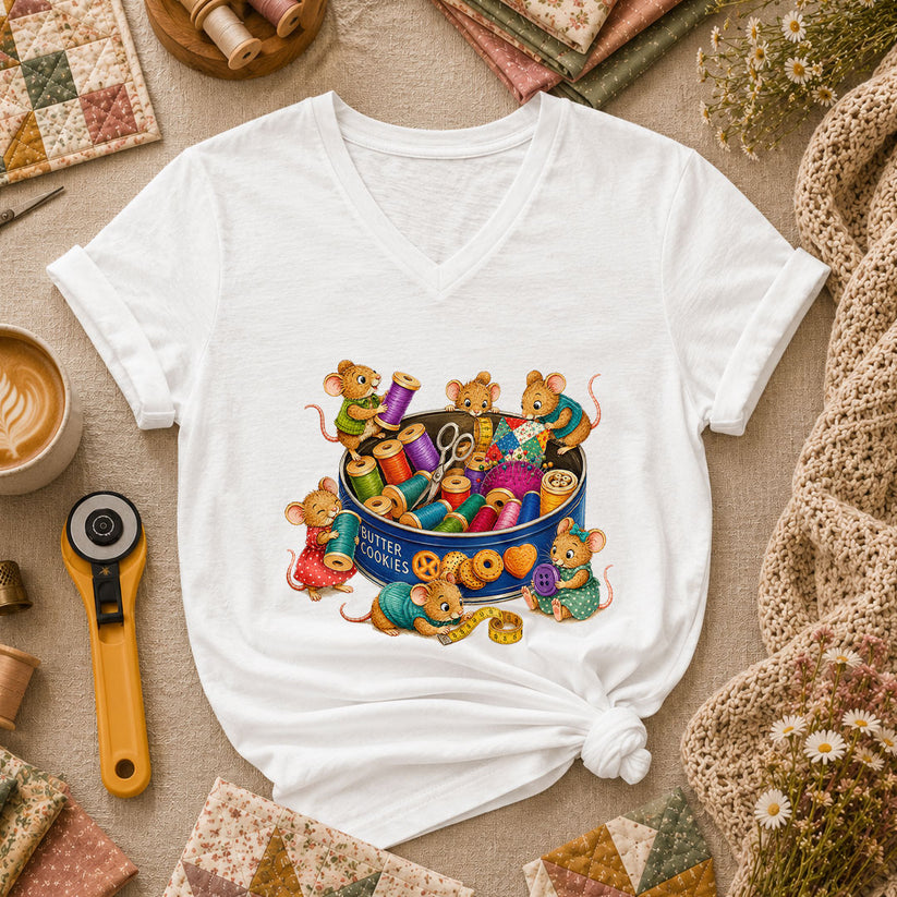 Cute Mice In Sewing Tin With Thread Spools Women's V-Neck - White