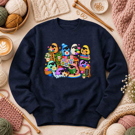 Cute Sheep Knitting Crew Long Sleeve - Navy