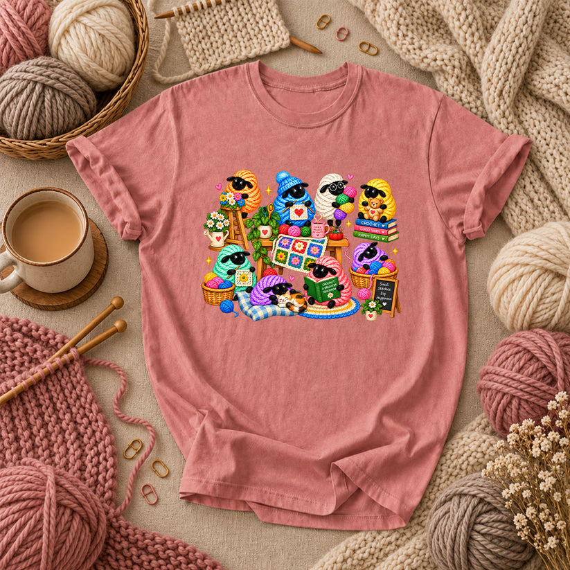 Cute Sheep Knitting Crew T-Shirt - Heather Mauve