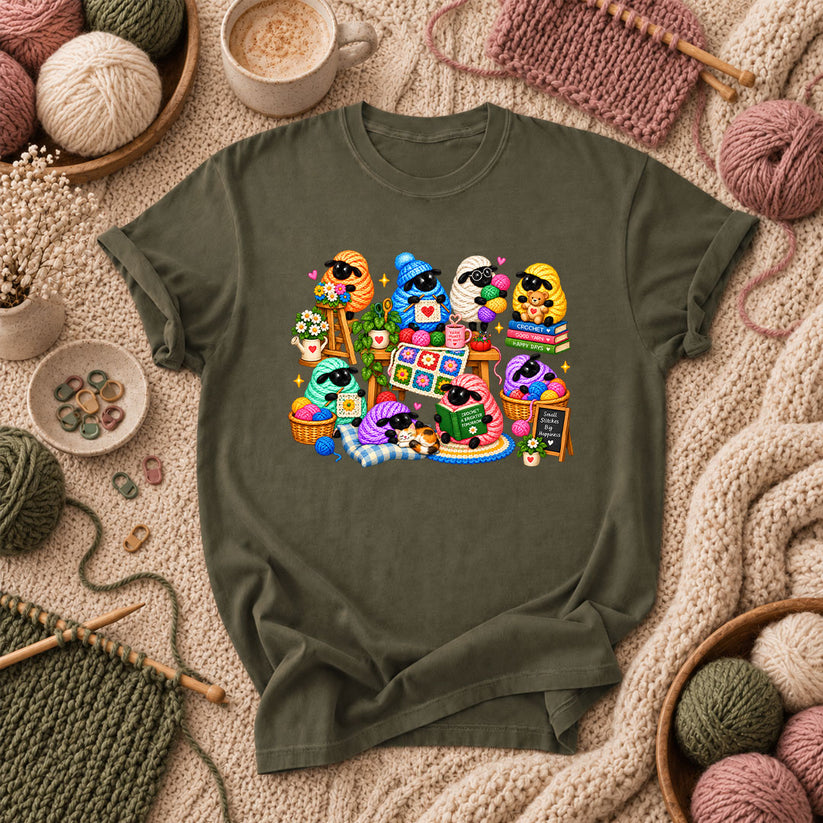 Cute Sheep Knitting Crew T-Shirt - Military Green