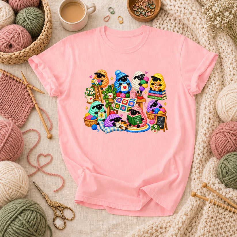 Cute Sheep Knitting Crew T-Shirt - Pink