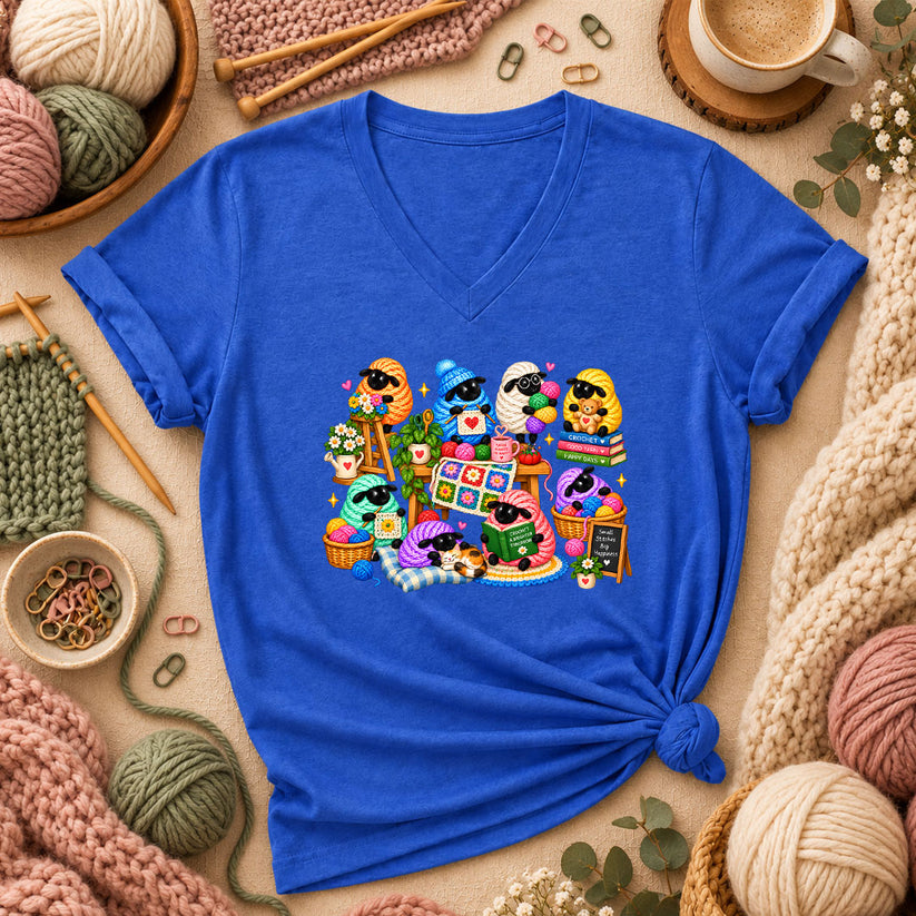 Cute Sheep Knitting Crew Women's V-Neck - Heather True Royal