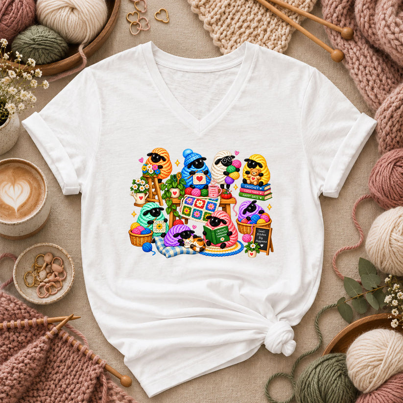 Cute Sheep Knitting Crew Women's V-Neck - White