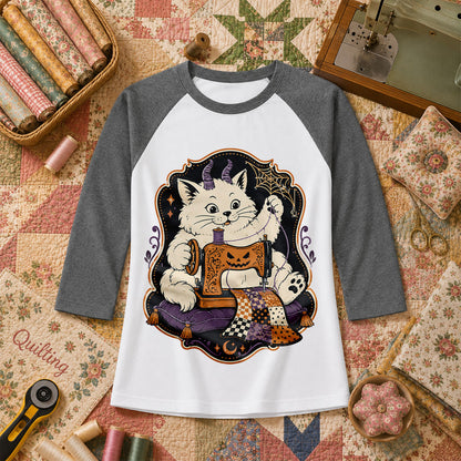 Devil Kitten Quilting Halloween Raglan Sleeve - Deep Heather