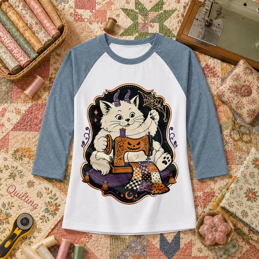 Devil Kitten Quilting Halloween Raglan Sleeve - Denim