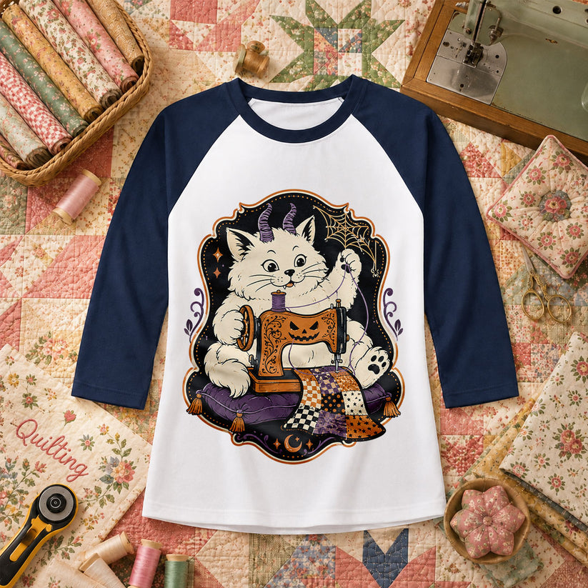 Devil Kitten Quilting Halloween Raglan Sleeve - Navy