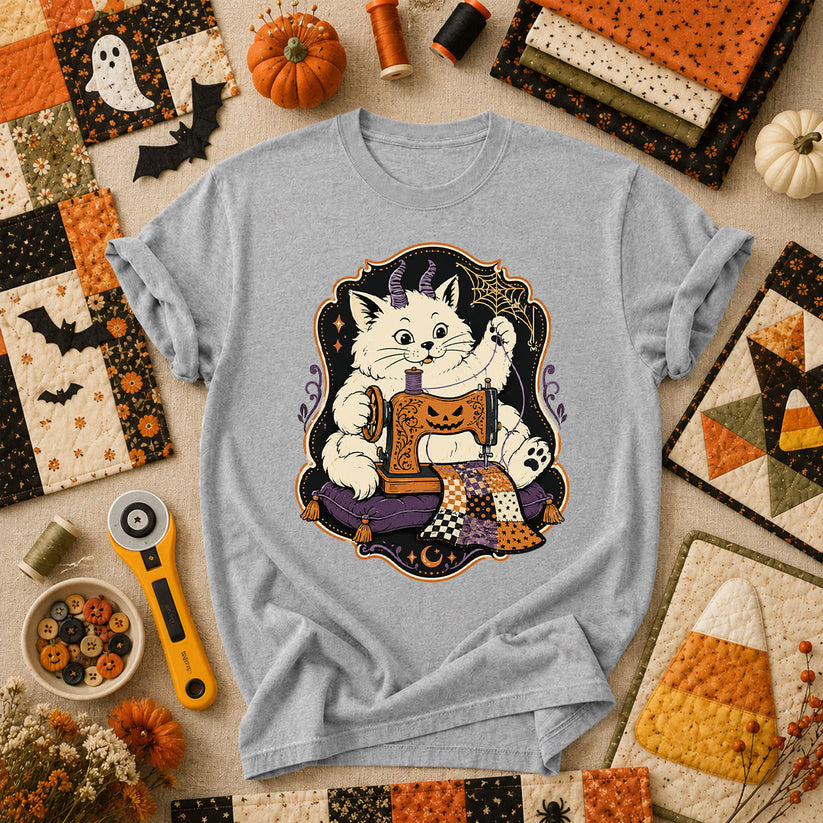 Devil Kitten Quilting Halloween T-Shirt - Athletic Heather
