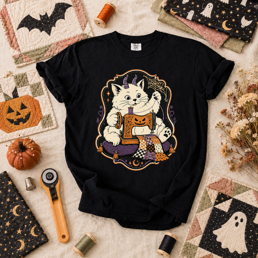 Devil Kitten Quilting Halloween T-Shirt - Black