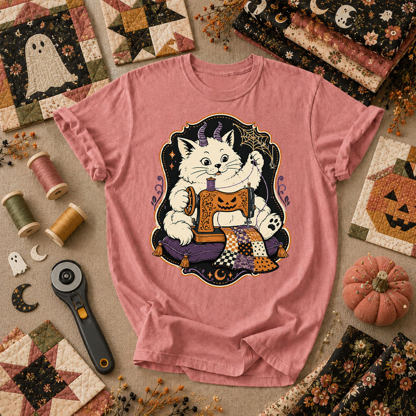 Devil Kitten Quilting Halloween T-Shirt - Heather Mauve