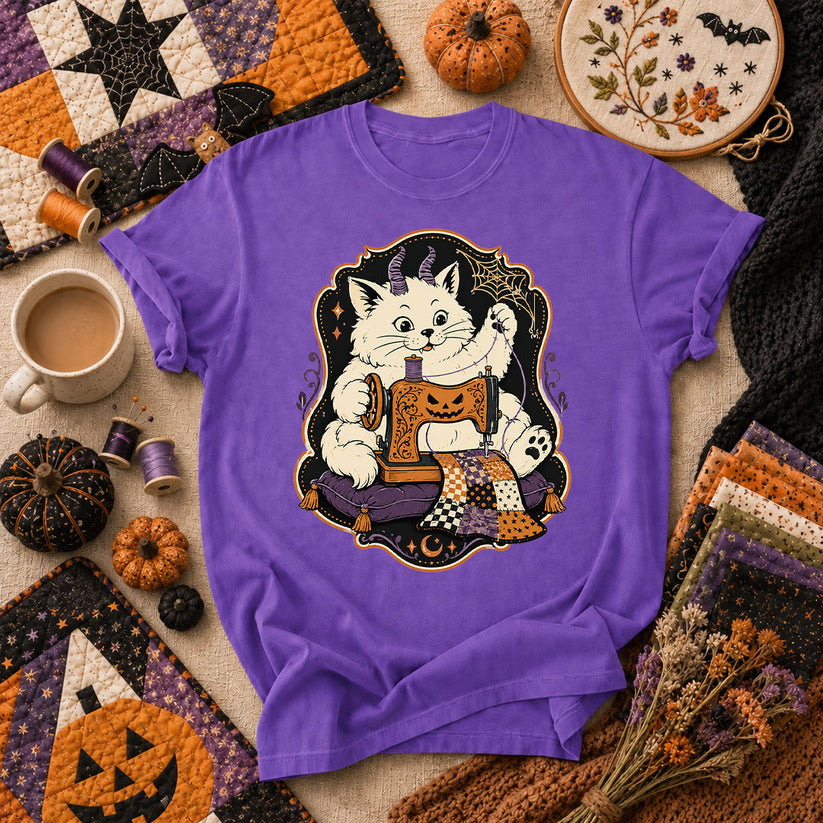 Devil Kitten Quilting Halloween T-Shirt - Heather Team Purple