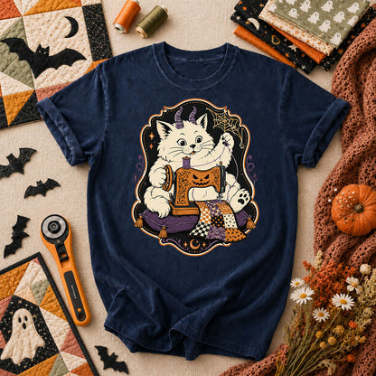 Devil Kitten Quilting Halloween T-Shirt - Navy