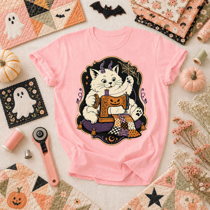 Devil Kitten Quilting Halloween T-Shirt - Pink