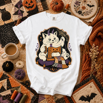 Devil Kitten Quilting Halloween T-Shirt - White