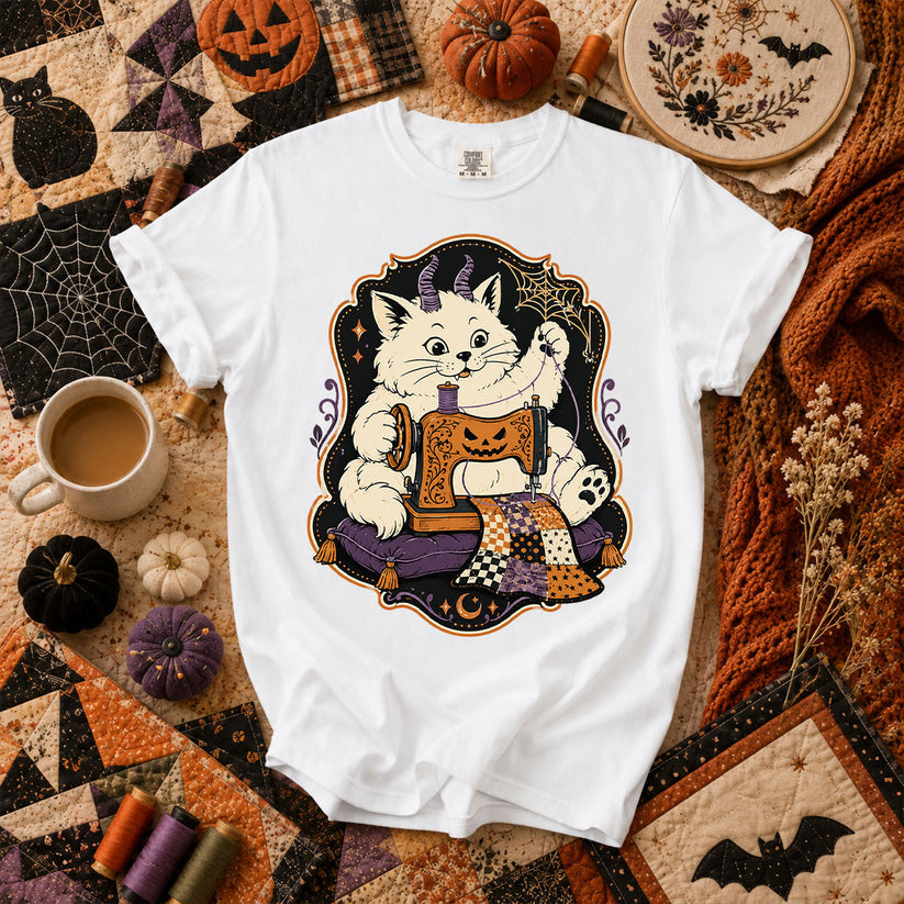 Devil Kitten Quilting Halloween T-Shirt - White