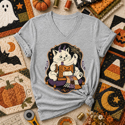 Devil Kitten Quilting Halloween Women's V-Neck - Athletic Heather