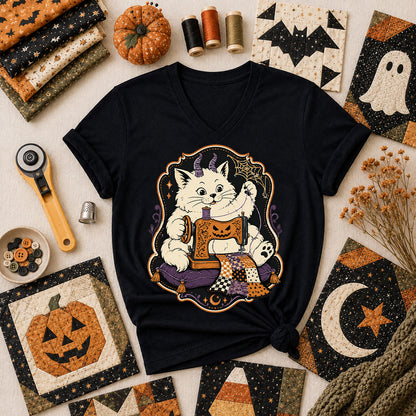 Devil Kitten Quilting Halloween Women's V-Neck - Black