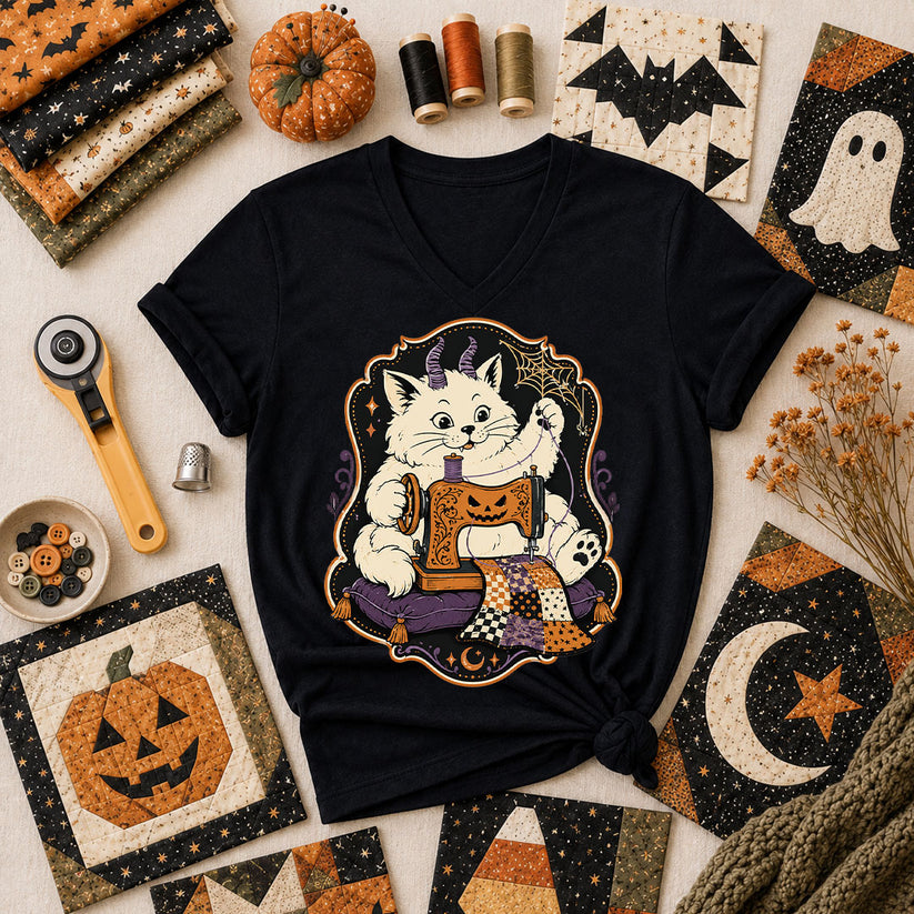 Devil Kitten Quilting Halloween Women's V-Neck - Black