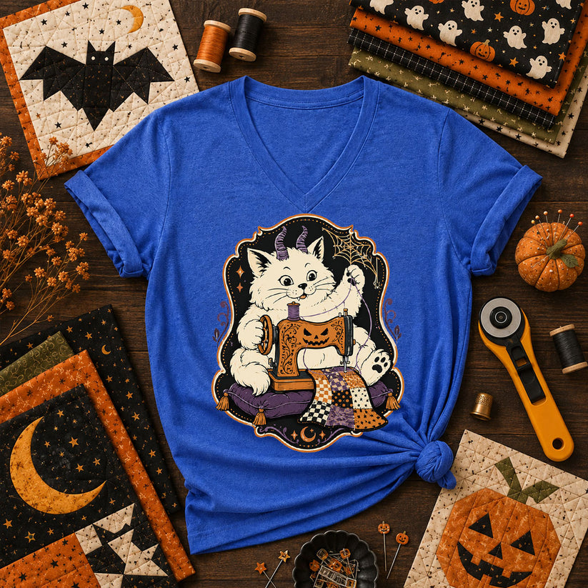 Devil Kitten Quilting Halloween Women's V-Neck - Heather True Royal