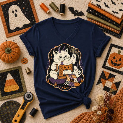 Devil Kitten Quilting Halloween Women's V-Neck - Navy