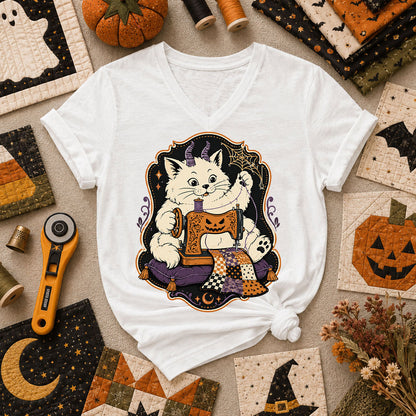 Devil Kitten Quilting Halloween Women's V-Neck - White