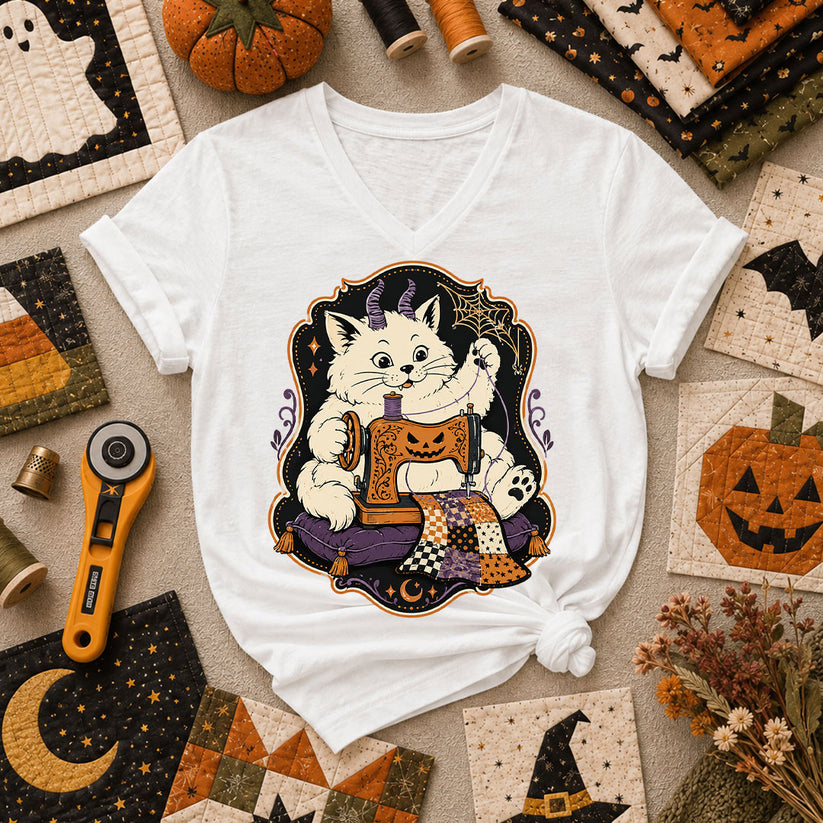 Devil Kitten Quilting Halloween Women's V-Neck - White