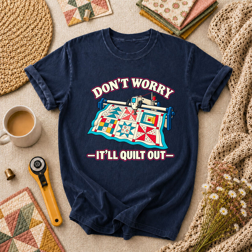 Don't Worry It'll Quilt Out Long Arm T-Shirt - Navy
