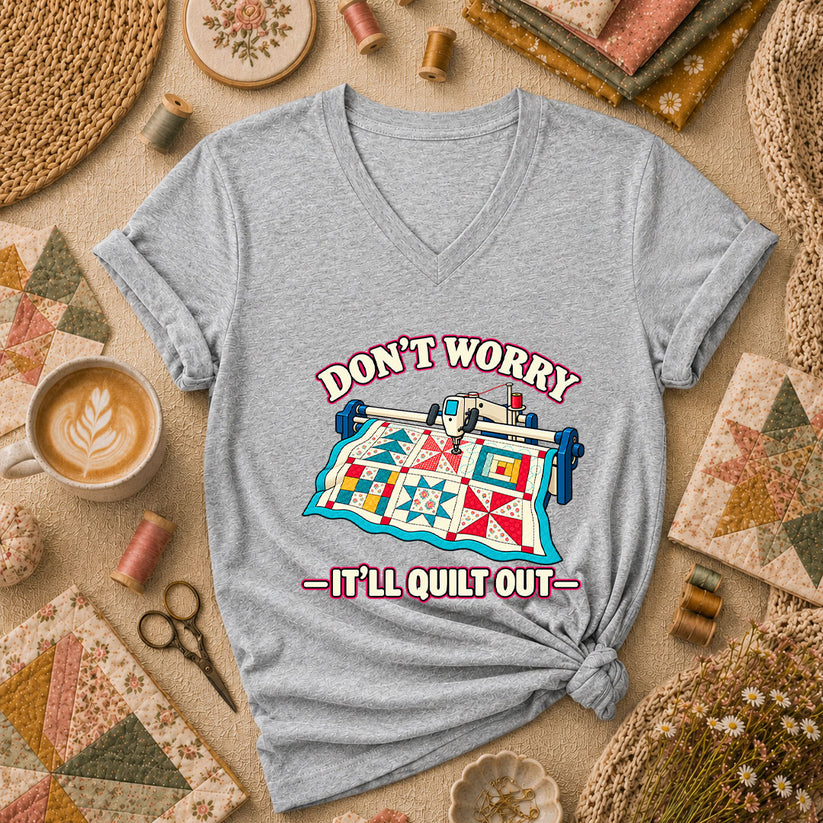 Don't Worry It'll Quilt Out Long Arm Women's V-Neck - Athletic Heather