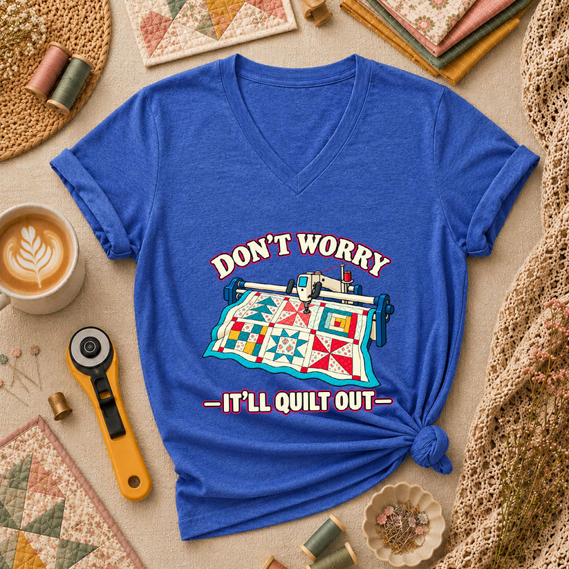 Don't Worry It'll Quilt Out Long Arm Women's V-Neck - Heather True Royal