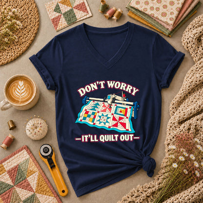 Don't Worry It'll Quilt Out Long Arm Women's V-Neck - Navy