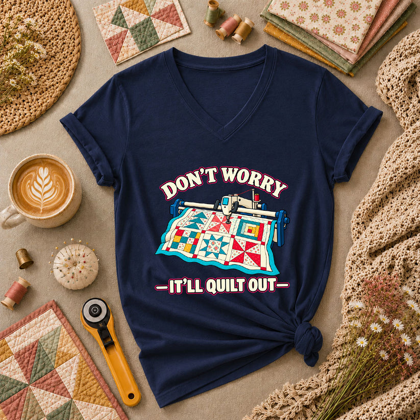 Don't Worry It'll Quilt Out Long Arm Women's V-Neck - Navy