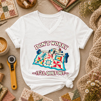 Don't Worry It'll Quilt Out Long Arm Women's V-Neck - White