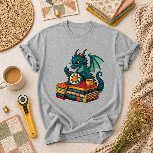 Dragon Quilter Fantasy Sewing With Fabric Stack T-Shirt - Athletic Heather