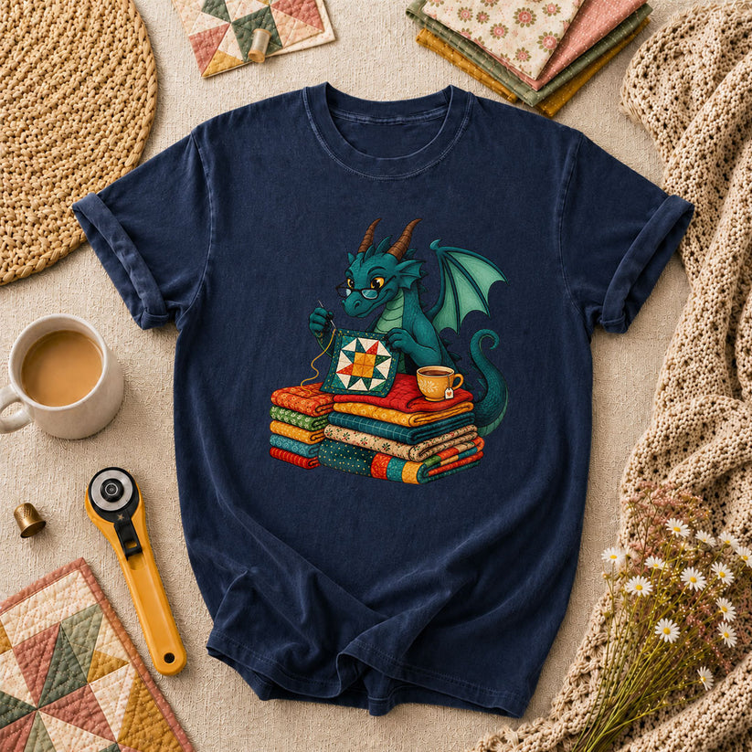 Dragon Quilter Fantasy Sewing With Fabric Stack T-Shirt - Navy