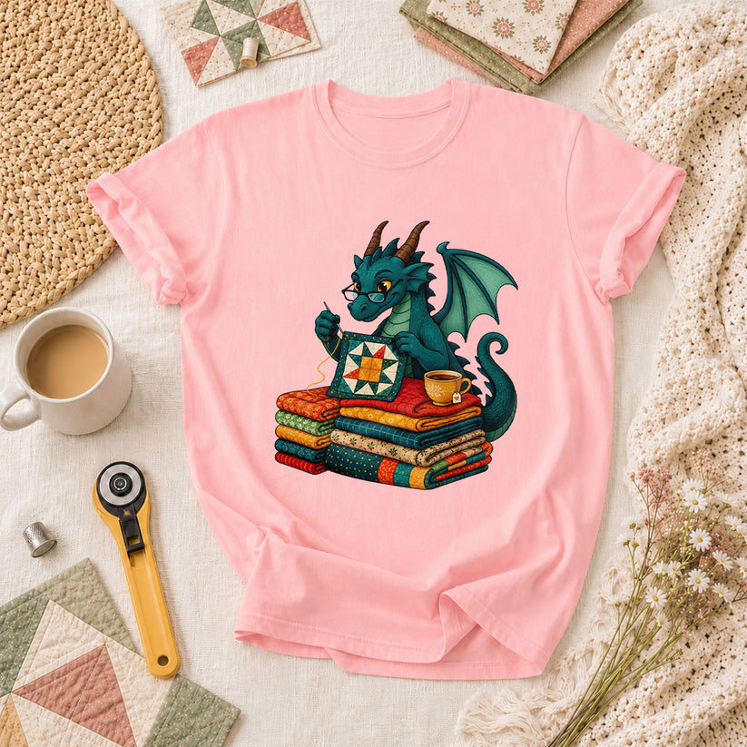 Dragon Quilter Fantasy Sewing With Fabric Stack T-Shirt - Pink