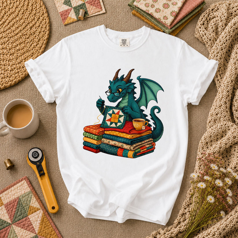 Dragon Quilter Fantasy Sewing With Fabric Stack T-Shirt - White