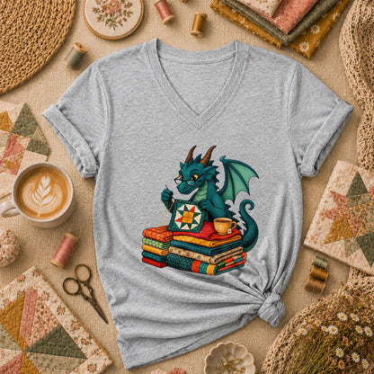 Dragon Quilter Fantasy Sewing With Fabric Stack Women's V-Neck - Athletic Heather